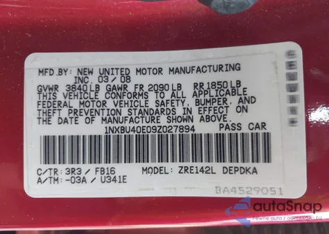 2009 Toyota Corolla Le z USA, uszkodzony, nr VIN 1NXBU40E09Z027894